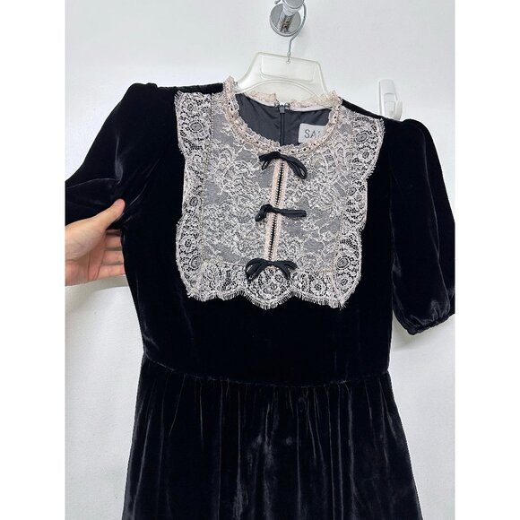 Saloni Cherie Bows Lace Velvet Mini Dress Black Pink Beaded Crystal US 6 - Picture 6 of 16